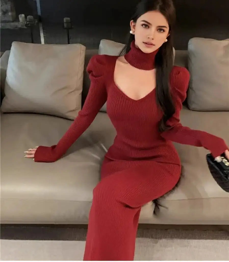 YuooMuoo Chic Fashion Elegant Knitted Long Dress with Neck Scarf 2024 Autumn Winter Ribbed Office Lady Bodycon Sweater Vestidos - Lootquake