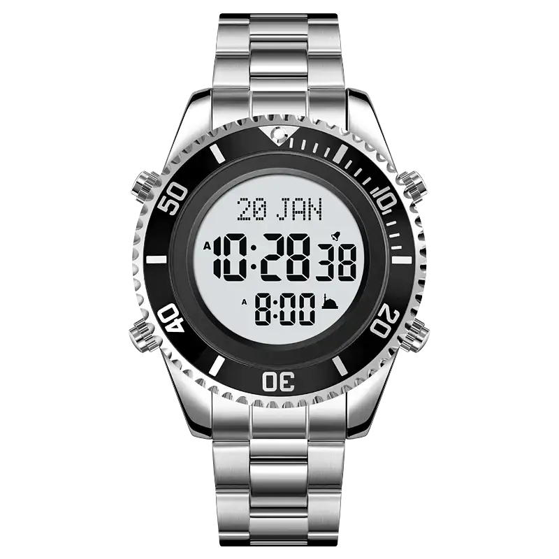 Reloj digital SKMEI 2141 de acero inoxidable con brújula para oración musulmana, alarma Adhan, Hijri, islámico, con luz de fondo