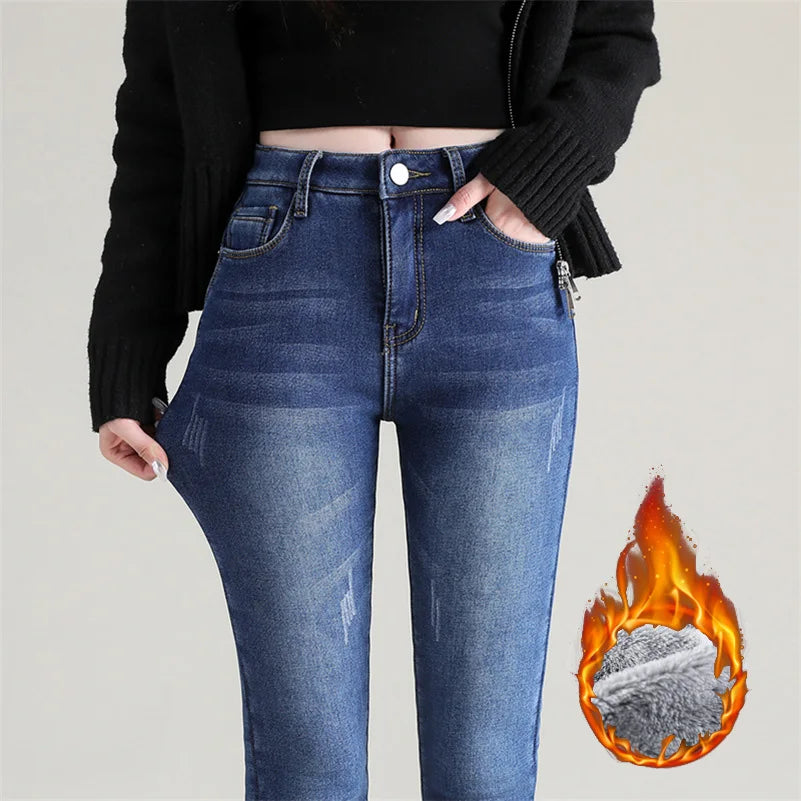 Women Thermal Jeans Winter Snow Warm Plush Stretch Jeans Lady Skinny Thicken Fleece Denim Long Pants Retro Blue Pencil Trousers - Lootquake