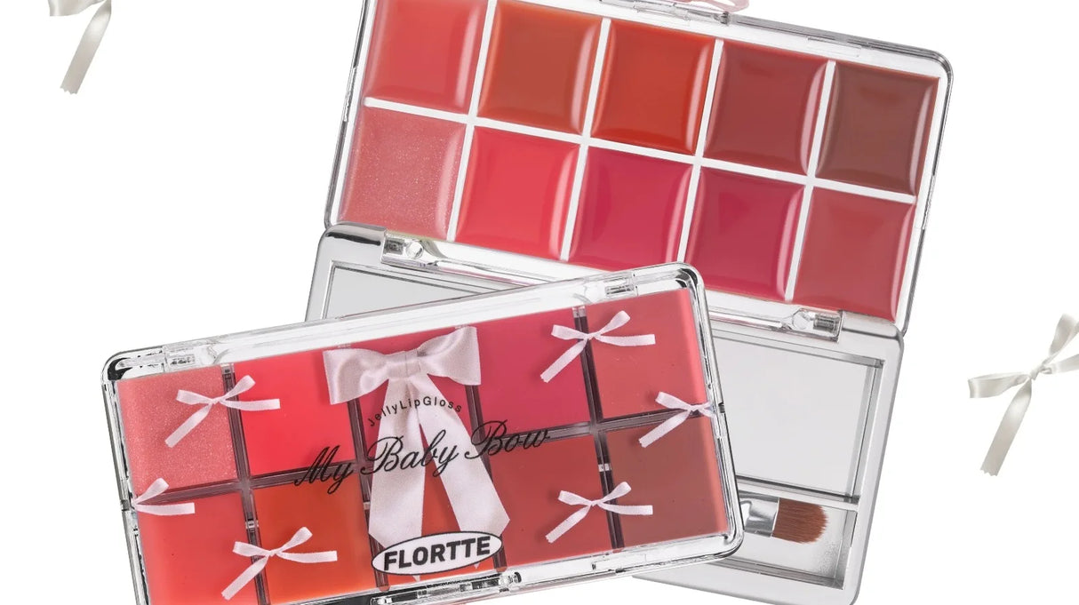 FLORTTE 10-Color Lip Palette Lip Gloss and Lipstick Glossy Moisturizing Pigmented Multifunctional Easy to Apply