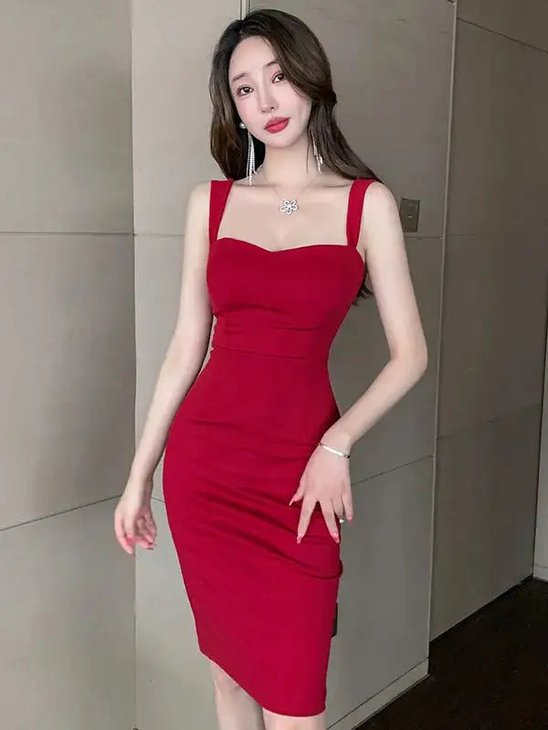 Sweet Fashion Slash Neck Long Dress Sexy Office Lady Straps Slim Medium Dress Elegant Women 2023 New Sweet Spice Girls 4CWT - Lootquake