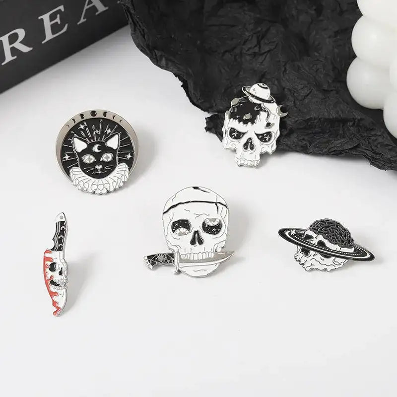 Punk Style Brooch Skull Rose Heart Brooch Halloween Cat Head Compass Wizard Hat Black Cat Alloy Brooches Enamel Badge Lapel Pins - Lootquake