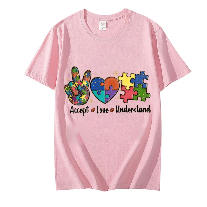 Accept Love and Understand T-shirt Autism Awareness T Shirts Color Puzzle Block Kids Women's Tees Harajuku Streetwear Y2k Tops - Lootquake