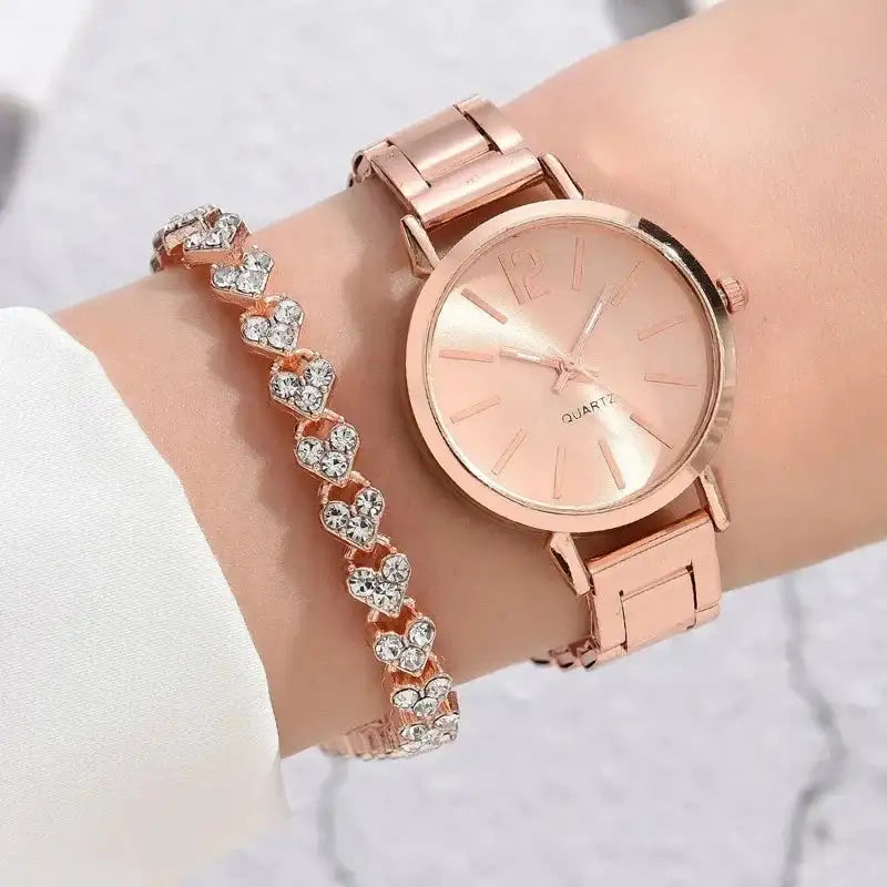 2pcs Set Watch Luxury Women Simple Dial Hollow Strap Fashion Gold Bracelet Quartz Wristwatch Student Ladies Watches Reloj Mujer - Lootquake