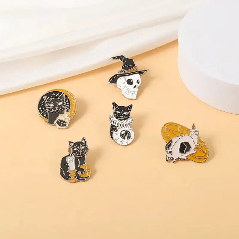 Punk Style Brooch Skull Rose Heart Brooch Halloween Cat Head Compass Wizard Hat Black Cat Alloy Brooches Enamel Badge Lapel Pins - Lootquake