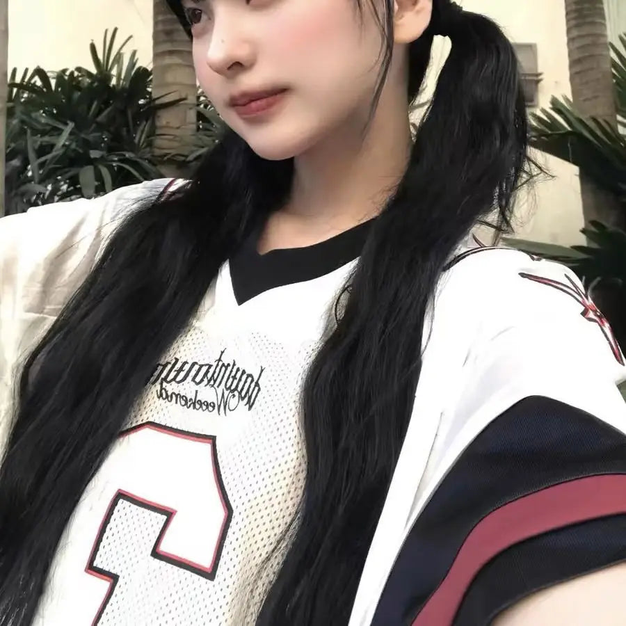 Silver 2024 New Summer Retro Number 3 Jersey for Women Street Contrasting Patchwork Mesh V-neck Oversize Short Sleeved T-shirt - Lootquake