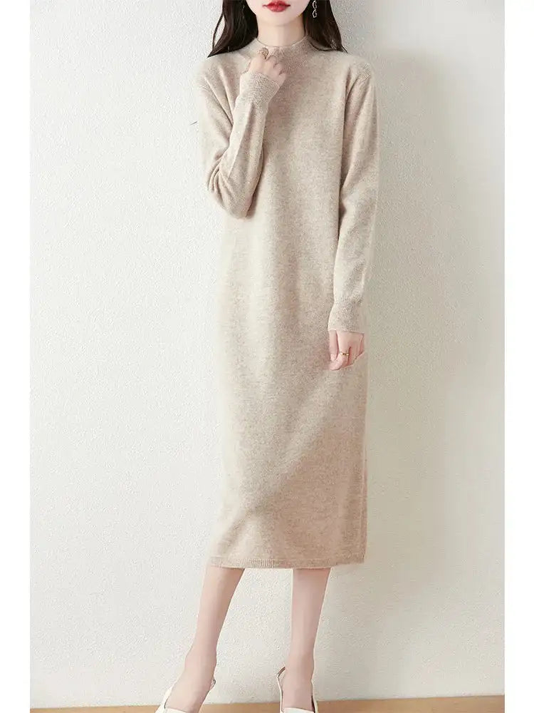 Autumn Winter Women's Wool Long Dress Cashmere Mock Neck Pullover Sweater 100% Merino Wool Soft Knitwear OL Simple Basic Dress - Lootquake