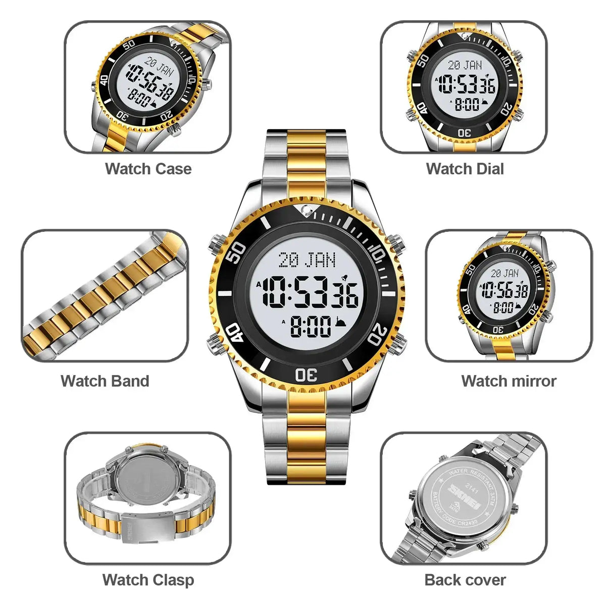 SKMEI 2141 Stainless Steel Digital Watche Muslim Azan Prayer Compass Clock Adhan Alarm Hijri Islamic Wristwatch with Back Light - Lootquake