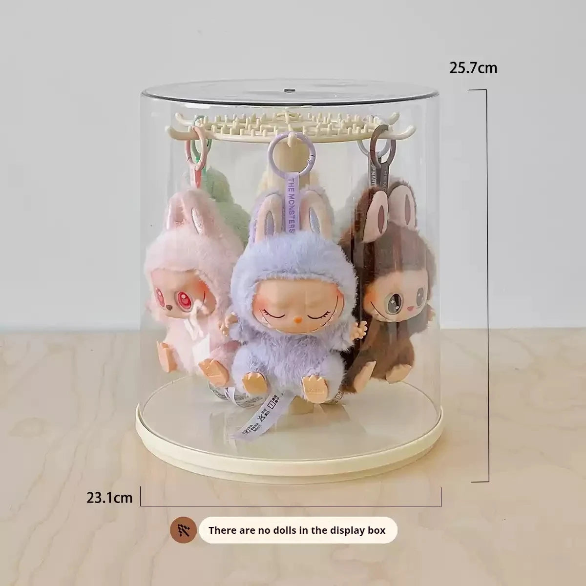 Boîte de présentation rotative transparente pour pendentifs Labubu, boîte de rangement pour poupées Labubu, résistante à la poussière et à l'humidité