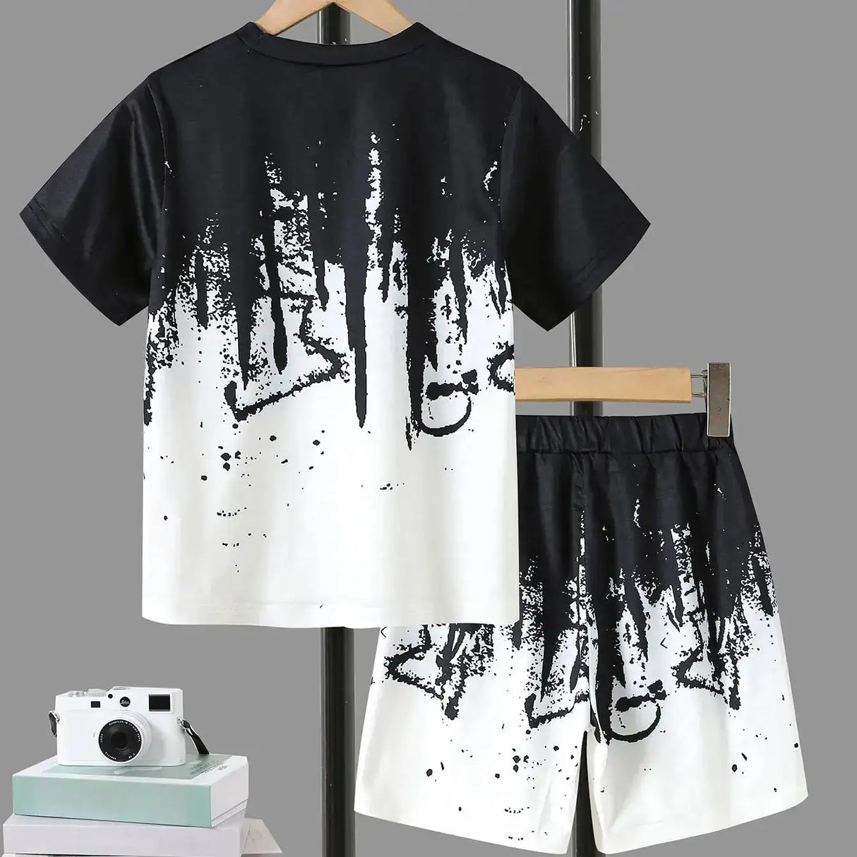 Boys' Summer Set: Cool Black & White Round-neck T-shirt with Slanted Pocket, Paired with Matching Shorts for Casual Play. - Lootquake