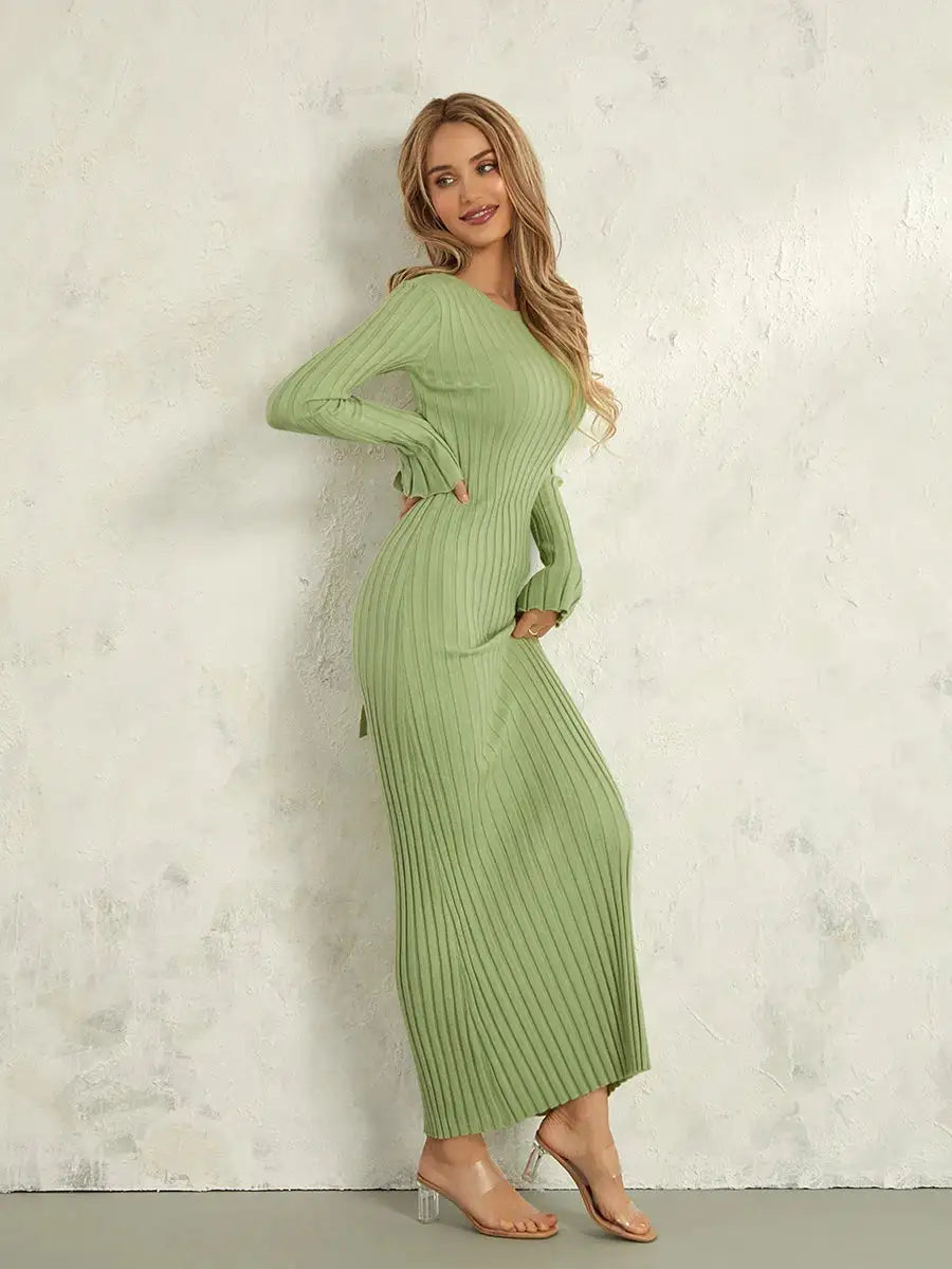 Women Spring Autumn Lace-up Knit Dress Elegant Long Sleeve Crew Neck Ribbed Solid Color Long Dress Streetwear - Lootquake