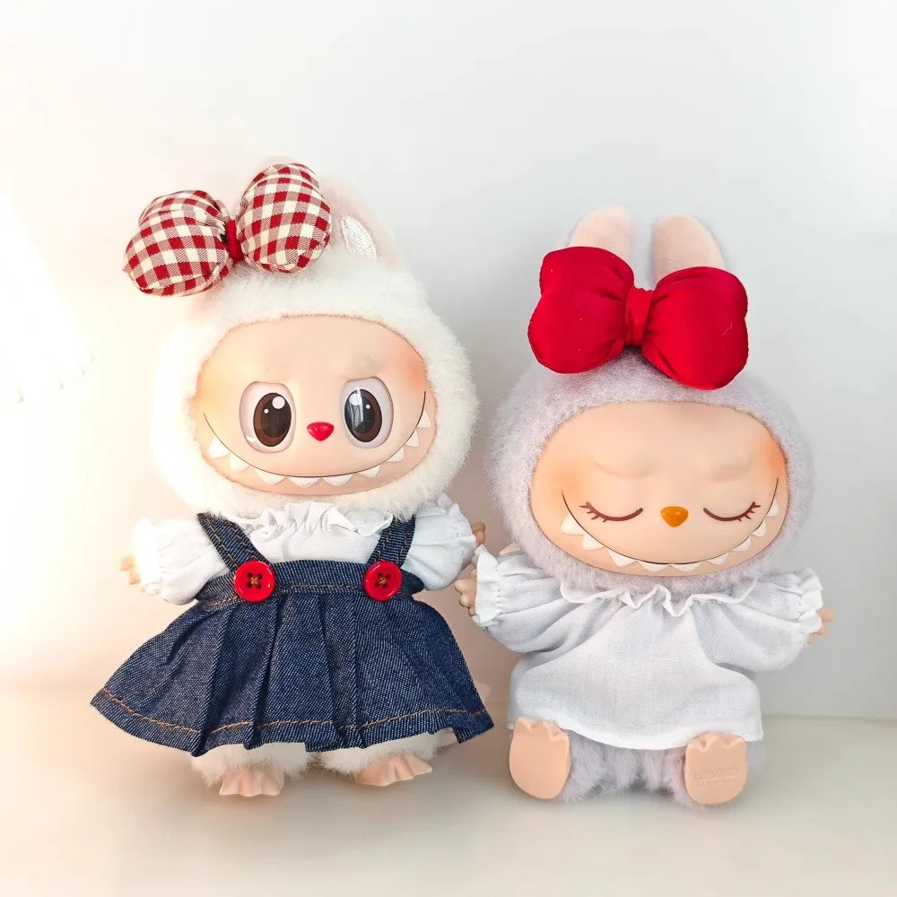 Labubu Doll Clothes & Accessories Denim Skirt With Red Bow Headband Set Trendy Outfits for Labubu Collectibles - Lootquake