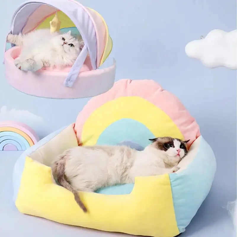 Cat House Bed Cute Cat Bed Rainbow Tent Pet Dog Sleeping Pad Winter Warm Deep Sleep Cat Nest Comfortable Breathable Cat House - Lootquake