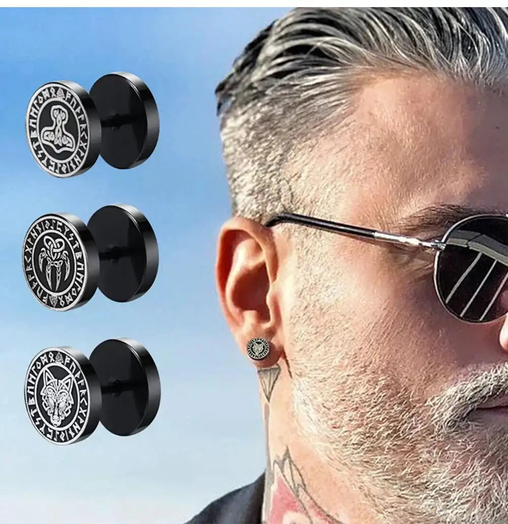 Gothic Norse Viking Runes Stud Earrings for Men Boys,Rock Punk Stainless Steel Valknut Wolf Head Compass Celtic Knot Earrings - Lootquake