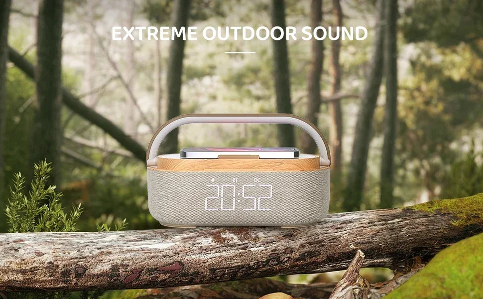 Altavoz Bluetooth, batería de 2500 mAh, compatible con carga inalámbrica de 15 W, reloj digital, pantalla, luz nocturna, despertador, estéreo Bluetooth.