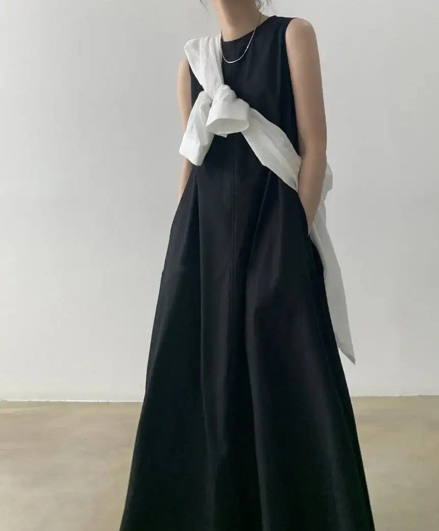 2022 Minimalist Chic Loose Swing Sleeveless Mid-length Casual Cotton Linen Long Dress Round Neck High Waist Women Runway Dress - Lootquake