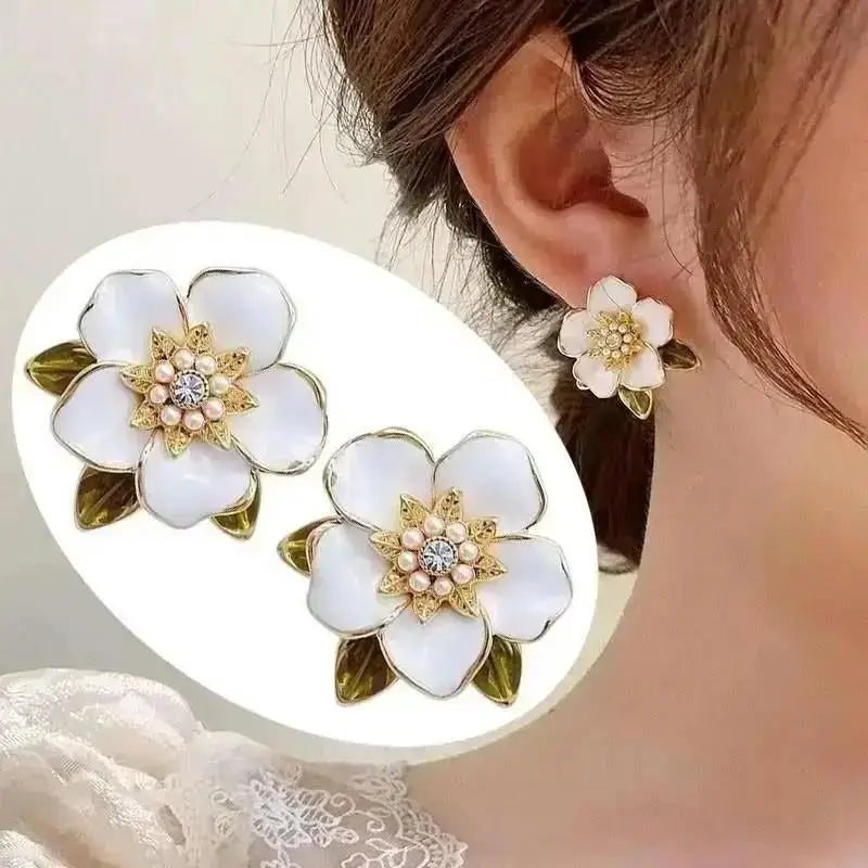 925 Silver Needle Korean Fashion Camellia Flower Earrings For Women Jewelry 2025 Trending Women's Black White Stud Earrings Gift - Lootquake