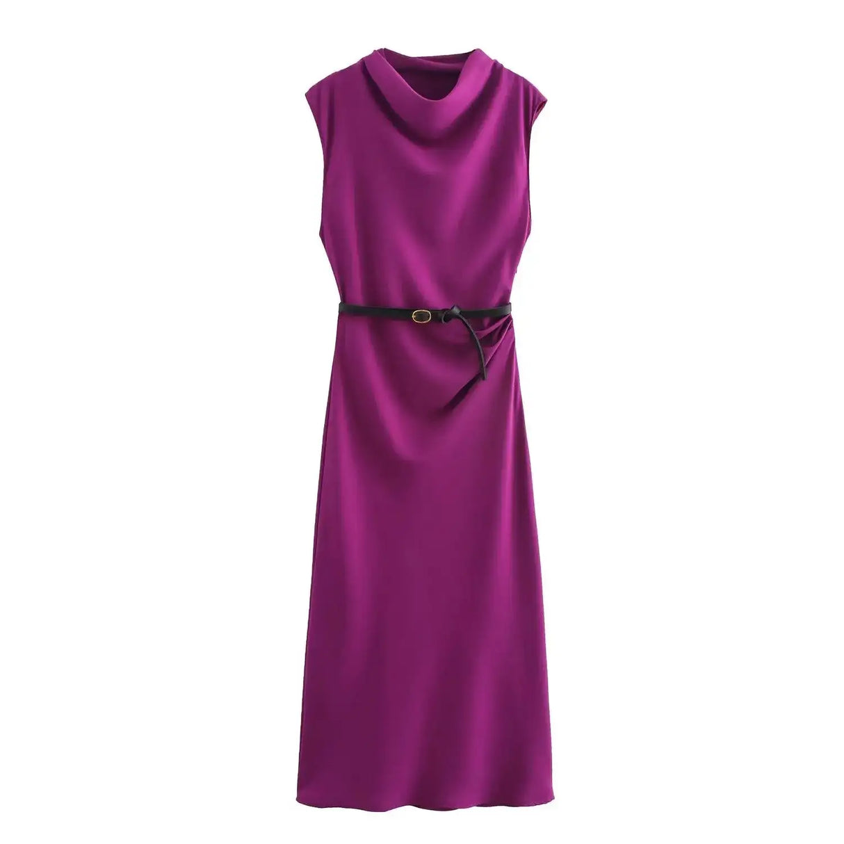 TRAFZA Women's Autumn New Fashion Versatile Belted Midi Slim Long Dress Female Elegant High Street Sleeveless Casual Dress Mujer