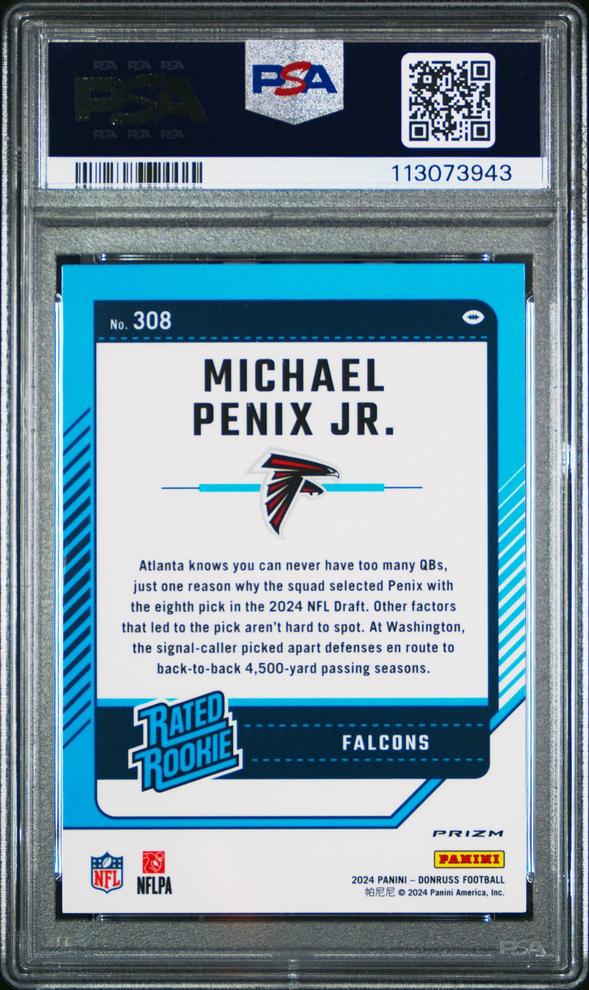 Graded 2024 Panini Donruss Michael Penix Jr #308 Optic Preview Pink Rookie RC Football Card PSA 10 Gem Mint