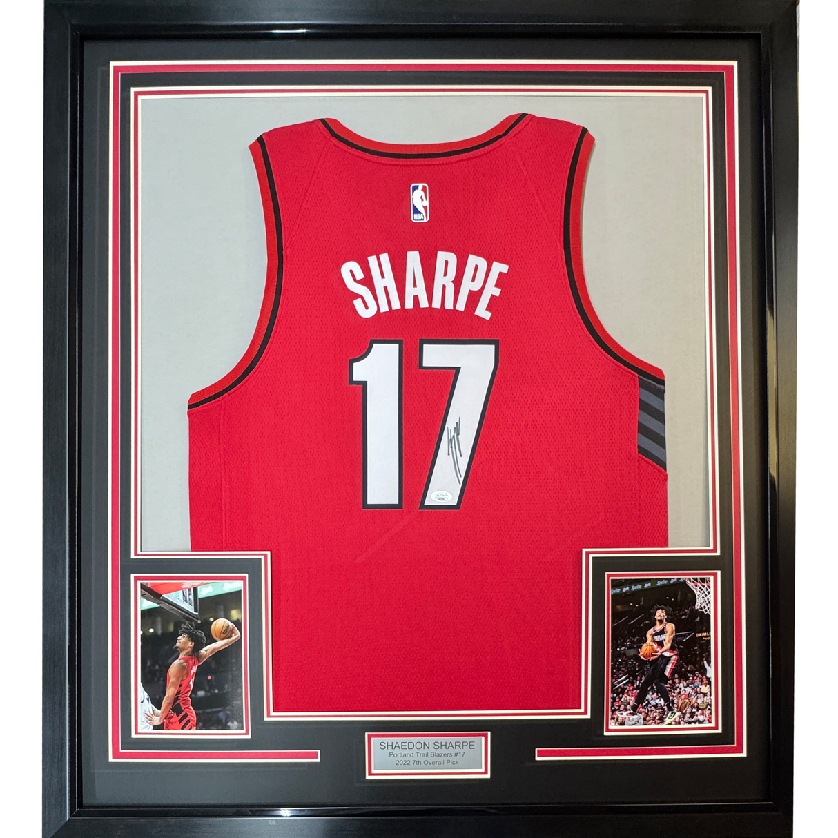 Framed Autographed/Signed Shaedon Sharpe 35x39 Portland Red Basketball Jersey JSA COA