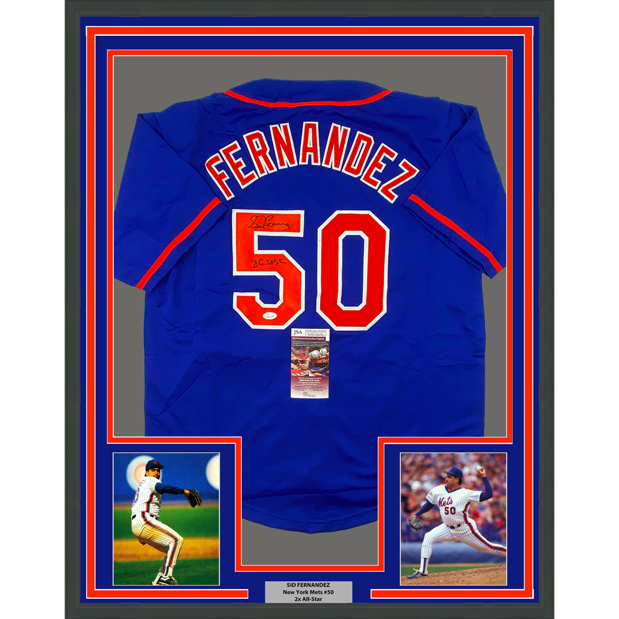 Camiseta de béisbol azul de Nueva York WSC 86, enmarcada, autografiada y firmada por Sid Fernández, 35 x 39, JSA COA