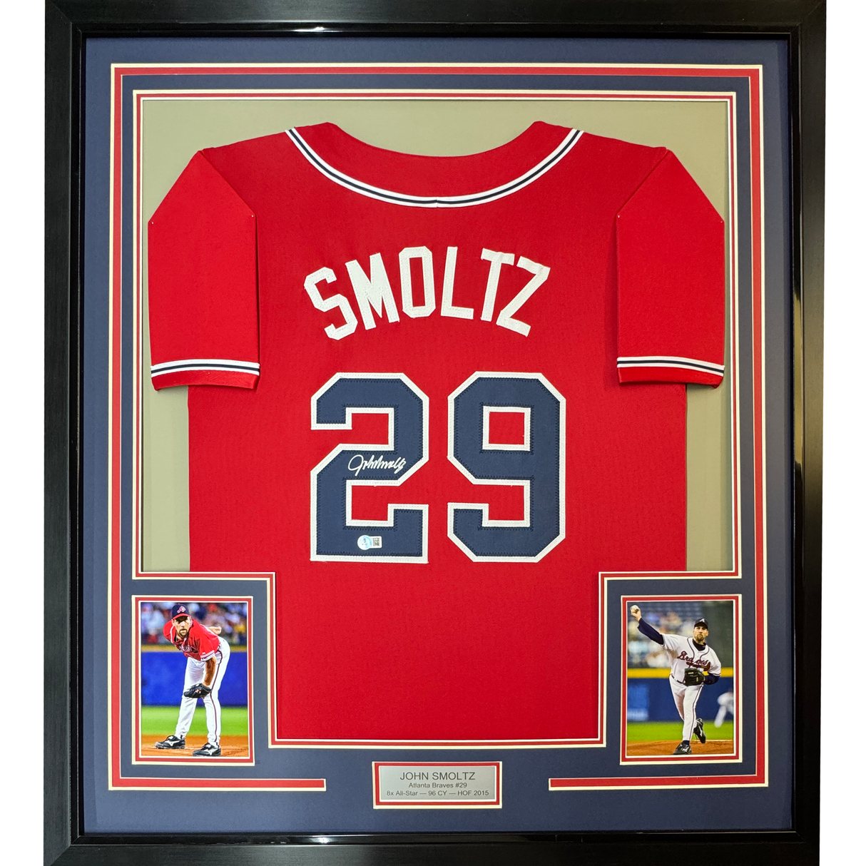 Framed Autographed/Signed John Smoltz 35x39 Atlanta Red Baseball Jersey Beckett BAS COA