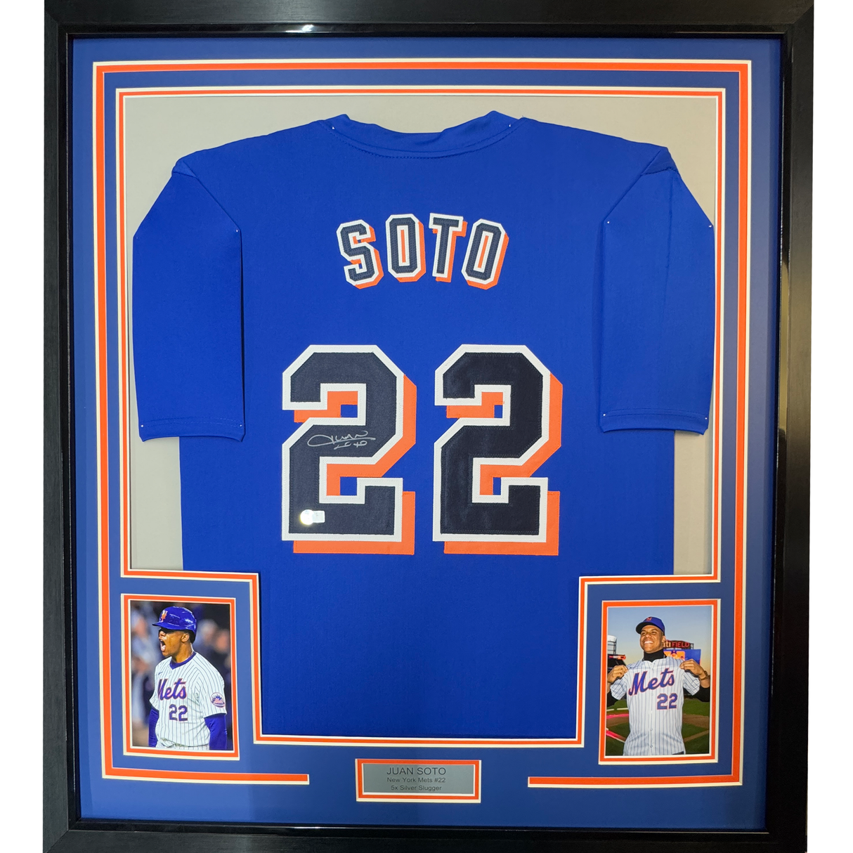 Framed Autographed/Signed Juan Soto 35x39 New York Blue Baseball Jersey Beckett BAS COA