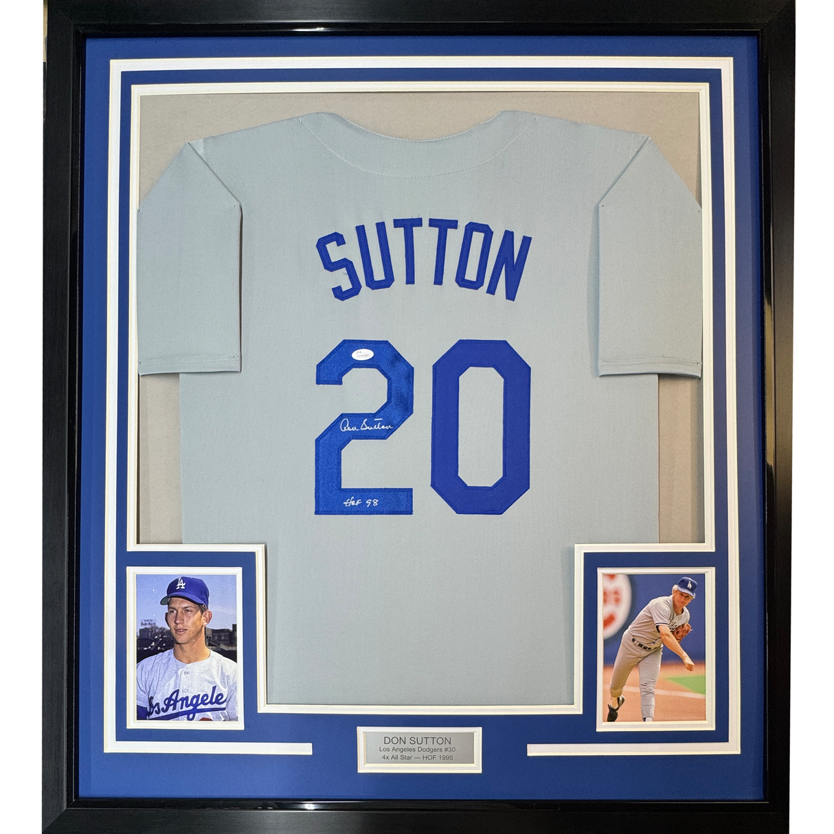 Camiseta de béisbol gris de Los Ángeles LA, enmarcada, autografiada y firmada por Don Sutton, HOF 98, 35 x 39, JSA COA