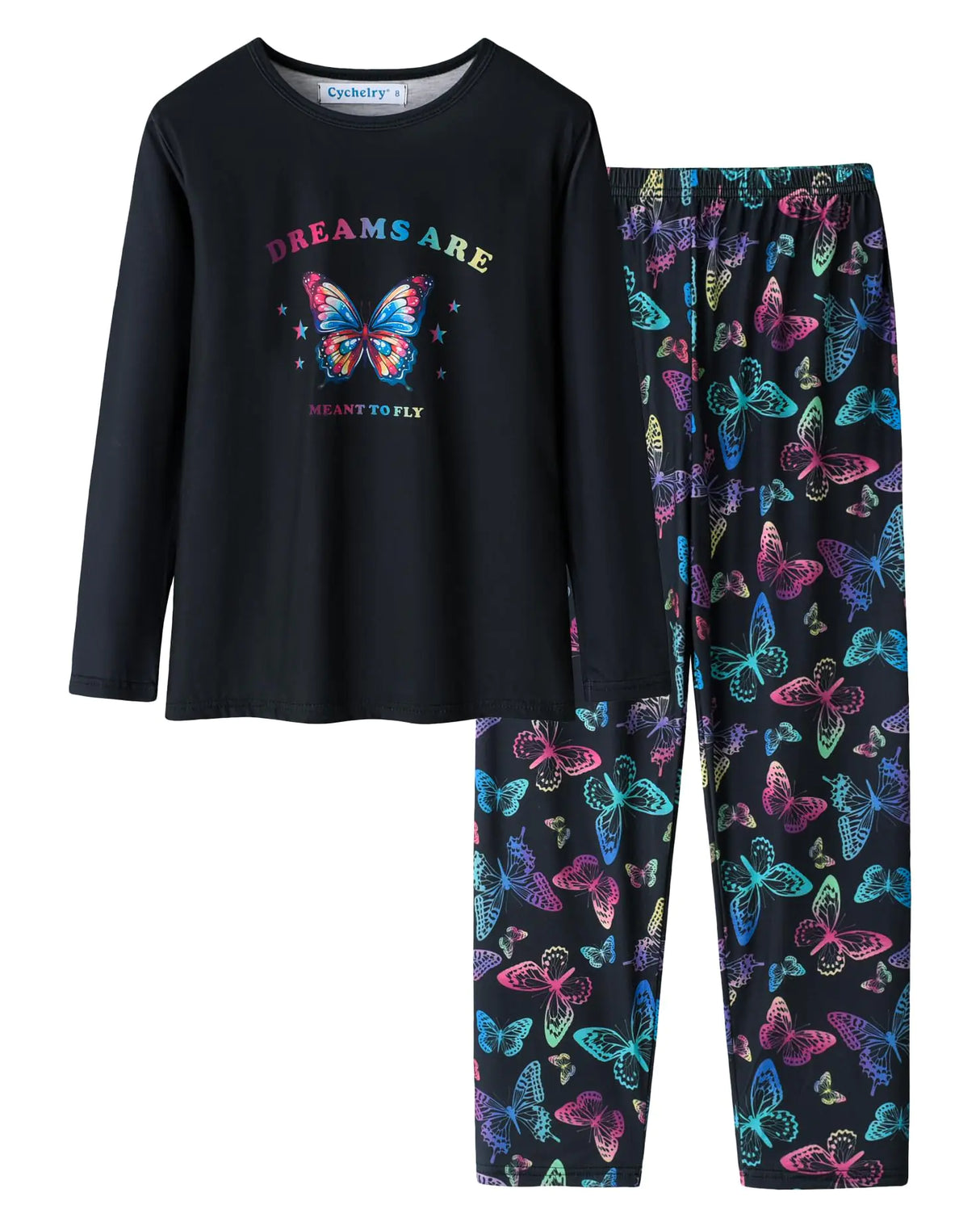 CYCHELRY Cute Black Butterfly Pajamas for Big Girls Soft Long Sleeve Winter Nighty PJS 2PCS Sleepwear Set Size 6