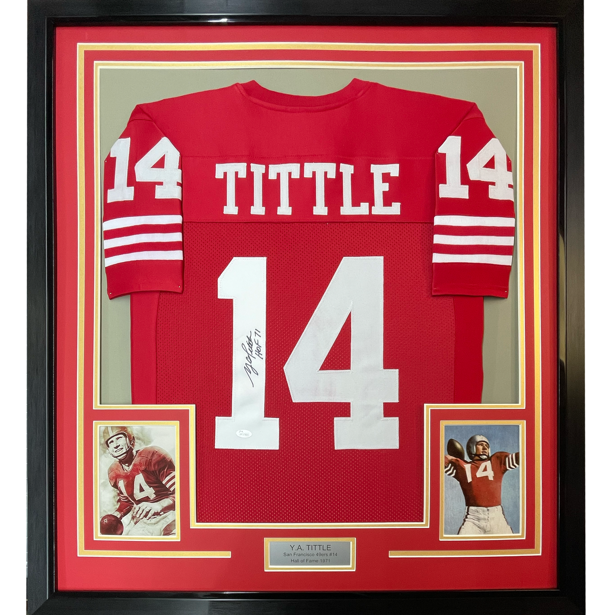 Camiseta de fútbol americano enmarcada, autografiada y firmada, título YA, HOF 71, 35 x 39, San Francisco Red, JSA COA