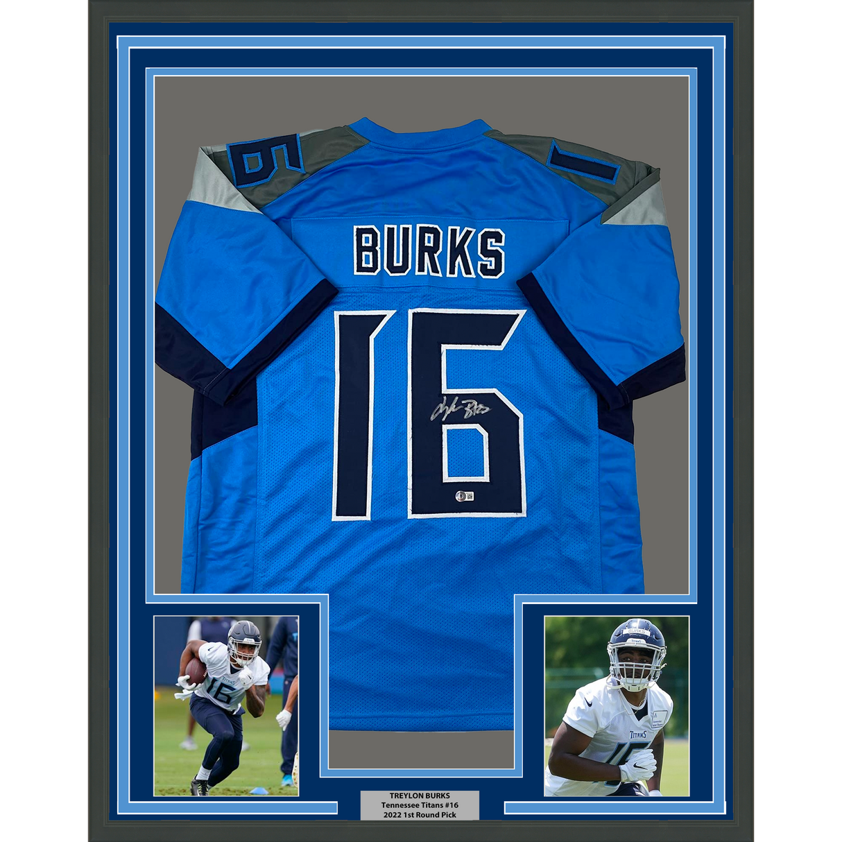 Camiseta de fútbol azul claro de Tennessee Beckett BAS COA enmarcada, autografiada y firmada por Treylon Burks, 35 x 39