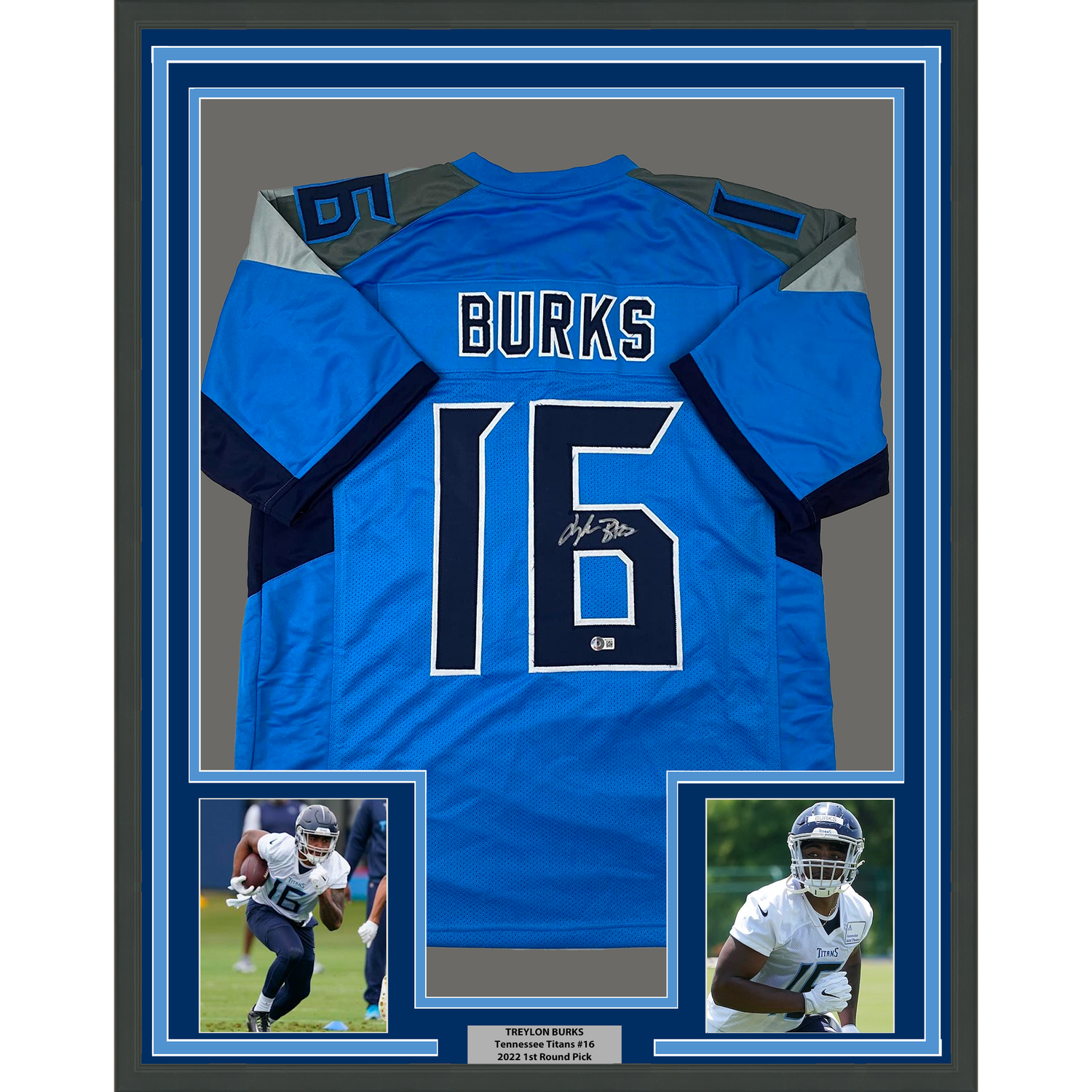 Camiseta de fútbol azul claro de Tennessee Beckett BAS COA enmarcada, autografiada y firmada por Treylon Burks, 35 x 39