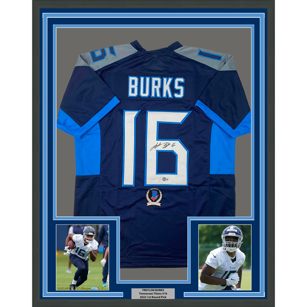 Camiseta de fútbol azul oscuro de Tennessee Beckett BAS COA, enmarcada, autografiada y firmada por Treylon Burks, 35 x 39