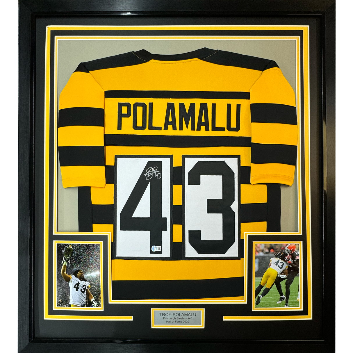 Camiseta de fútbol americano Pittsburgh Bumble Bee de Troy Polamalu, enmarcada, autografiada y firmada, 35 x 39, Beckett BAS COA