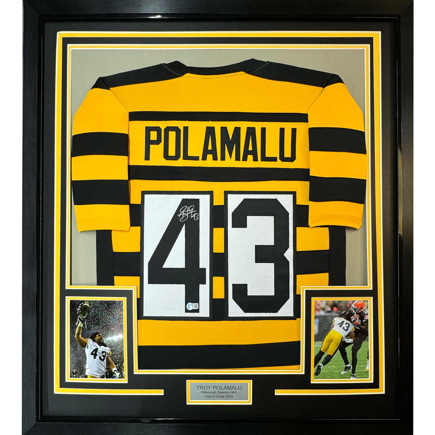 Camiseta de fútbol americano Pittsburgh Bumble Bee de Troy Polamalu, enmarcada, autografiada y firmada, 35 x 39, Beckett BAS COA