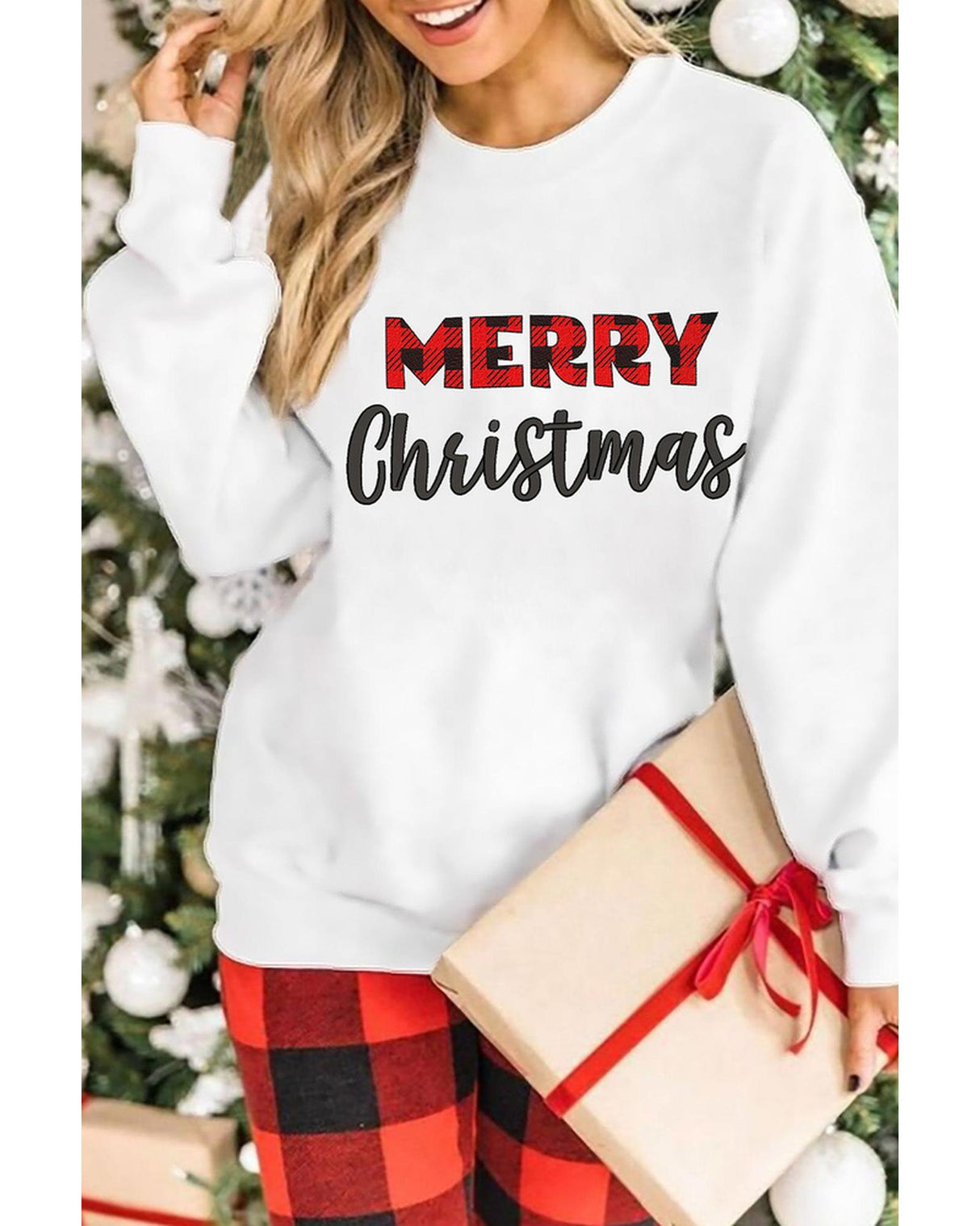 NNEDSZ Azura Exchange MERRY Christmas Plaid Print Pullover Sweatshirt - L