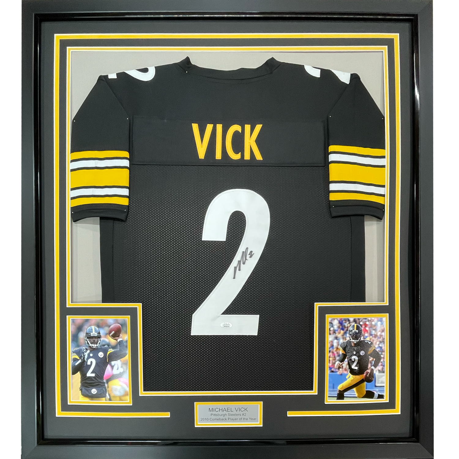 Camiseta de fútbol americano de Pittsburgh, negra, enmarcada, autografiada y firmada por Michael Mike Vick, 35 x 39, JSA COA