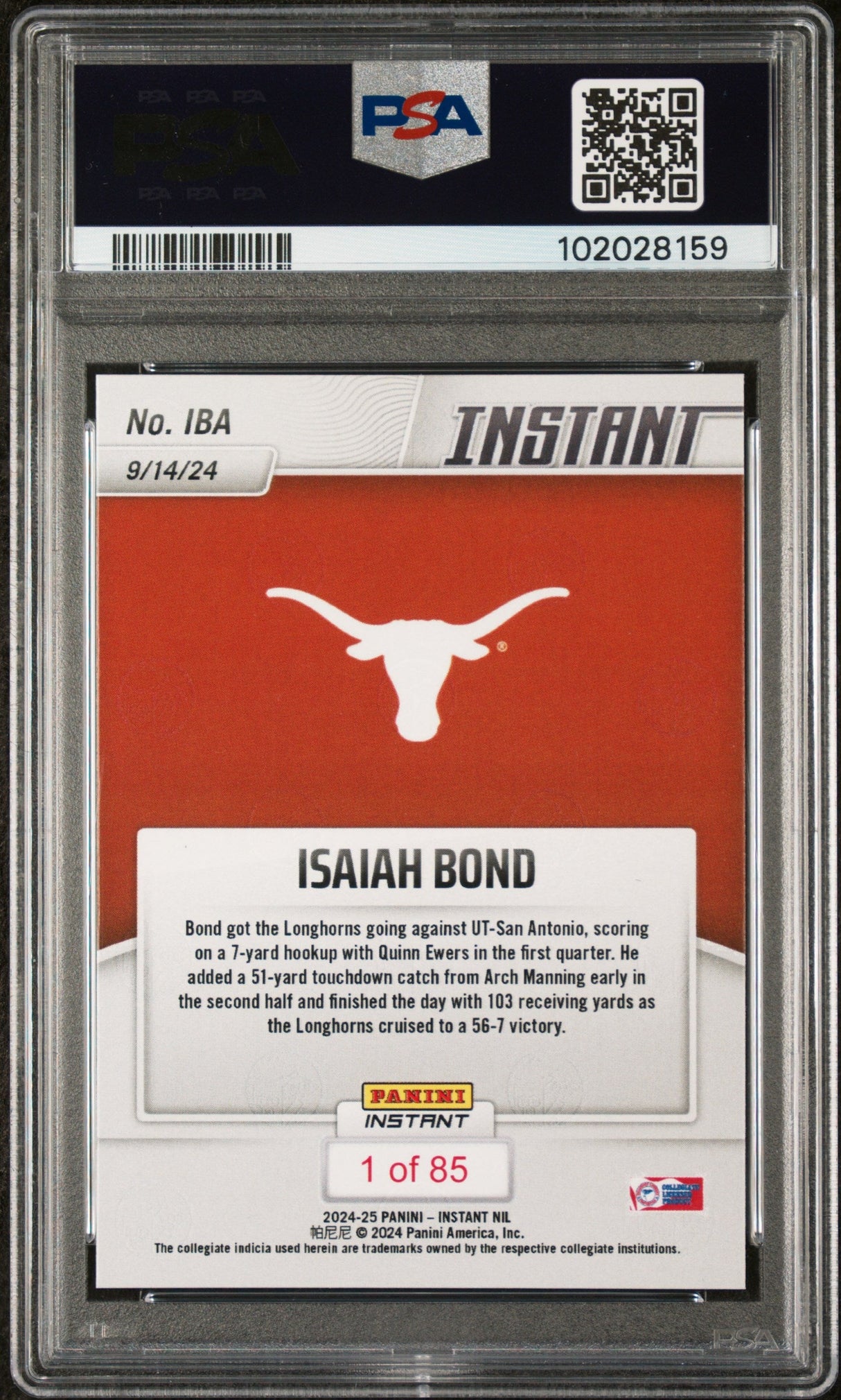 Graded 2024 Panini Instant NIL Isaiah Bond #IBA Rookie RC Football Card PSA 9 Mint