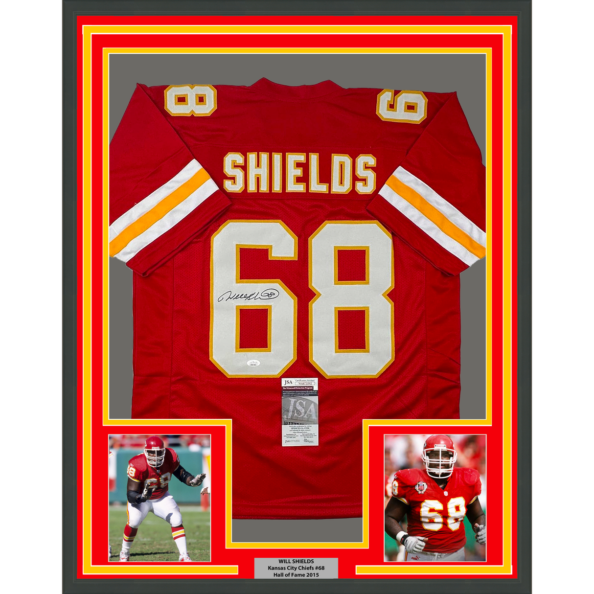 Framed Autographed/Signed Will Shields 35x39 Kansas City Red Football Jersey JSA COA