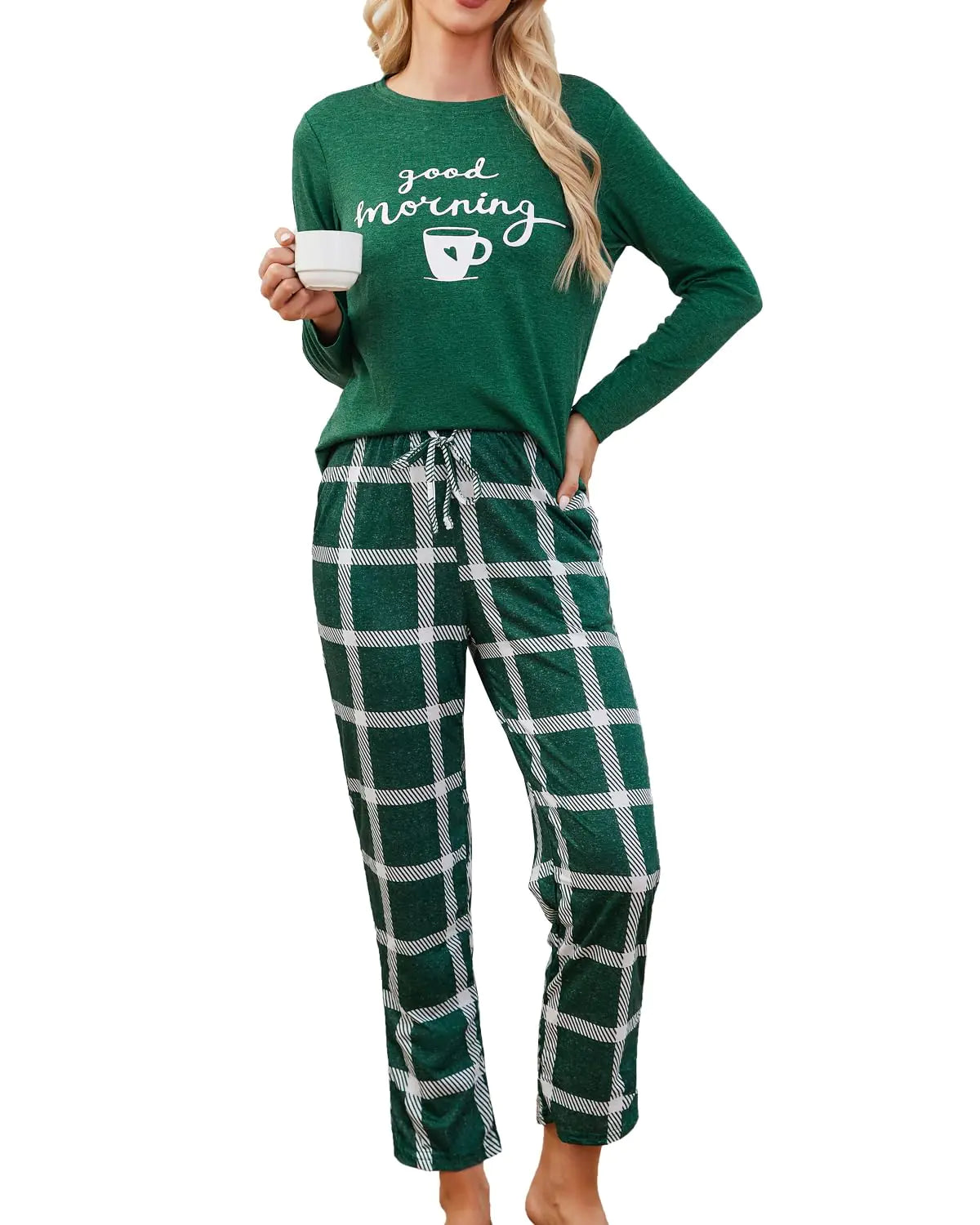 Pyjama Difficort pour femme, ensemble de vêtements de nuit doux, manches longues, confortable, haut et pantalon, vêtements de détente, vert foncé, taille L