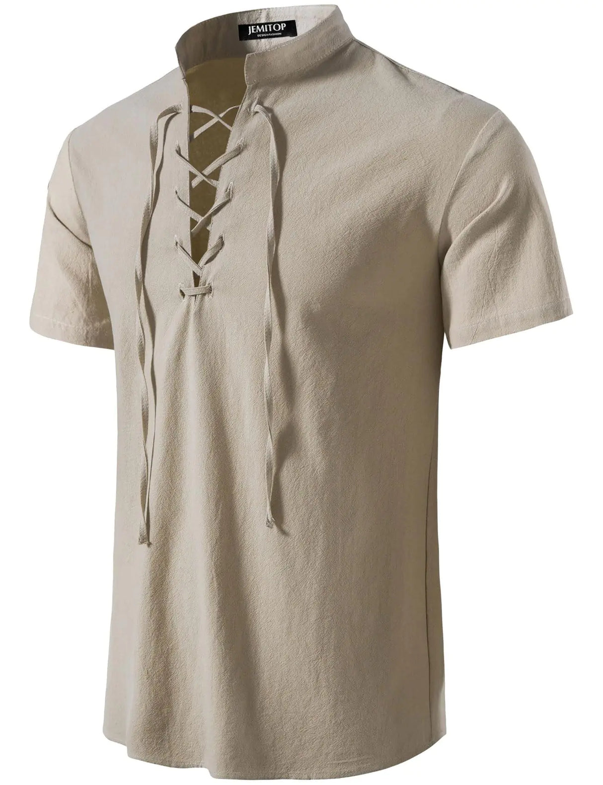 JEMITOP Mens Retro Renaissance Costume Short Sleeve Lace Up Shirts for Pirate Viking Medieval Vampire Halloween Cosplay Clothing Solid Khaki XXL - Lootquake