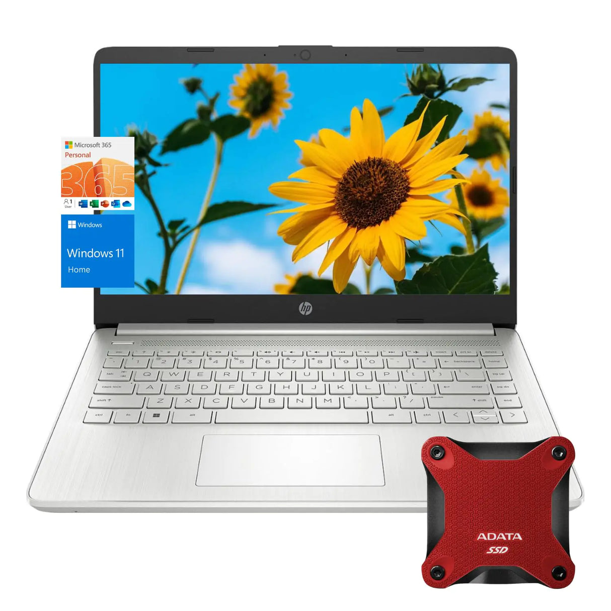 HP Laptop 14" HD Display Intel Quad-Core Processor 16GB RAM 640GB Storage (128GB + 512GB External SSD) SD Card Reader 1 Year Microsoft 365 Webcam Wi-Fi Windows 11 Home Silver - Lootquake