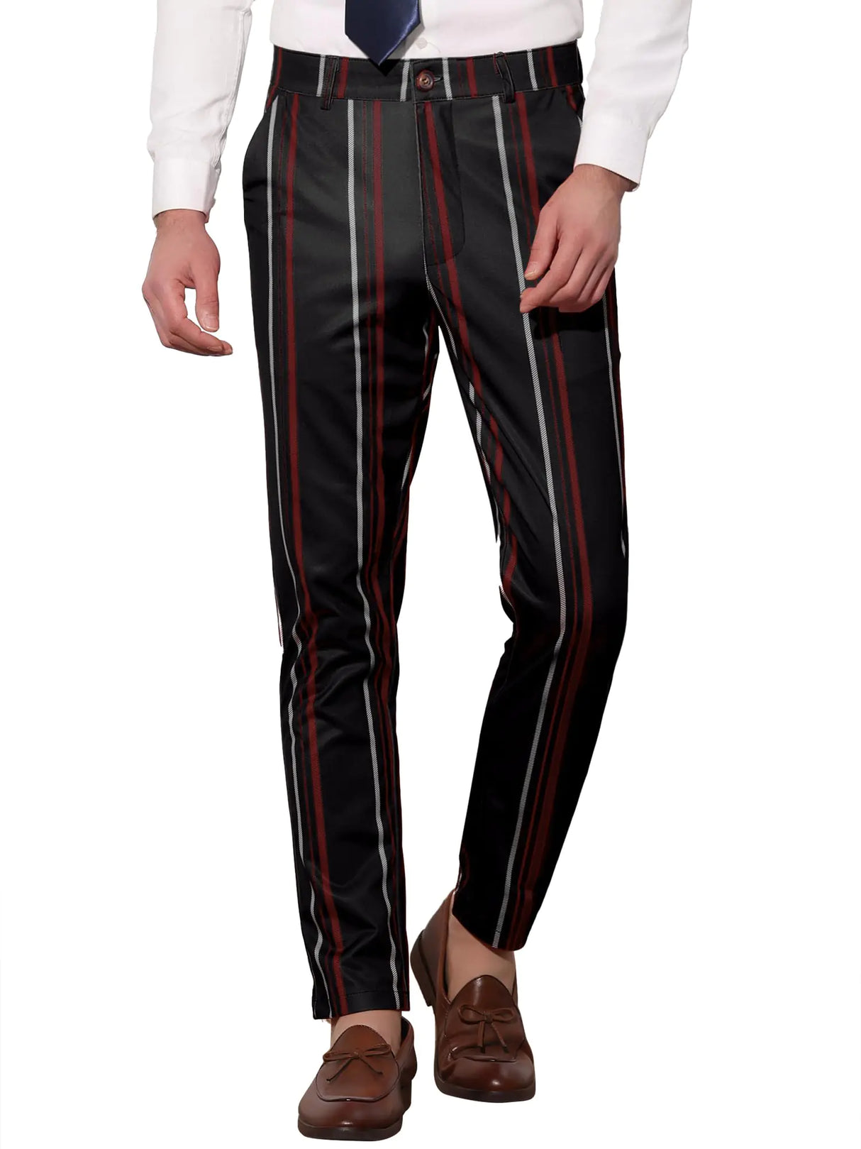 Lars Amadeus Mens Casual Black Striped Dress Pants Slim Fit Flat Front Contrast Color Skinny Trousers 38 Dark Black - Lootquake