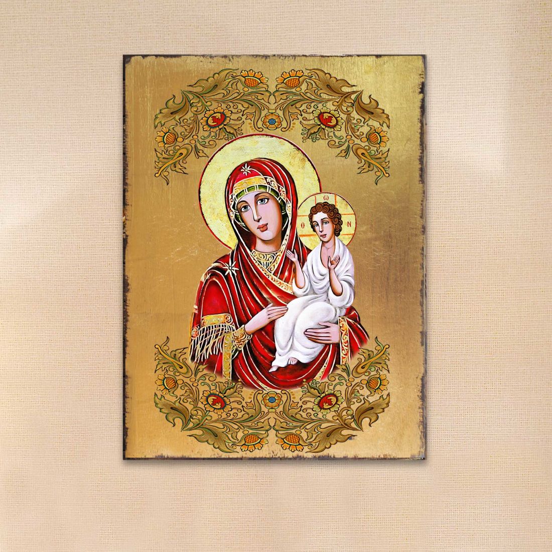 Icono sagrado ortodoxo religioso de madera bañado en oro de la Virgen María Directora - Decoración inspiradora - 85029