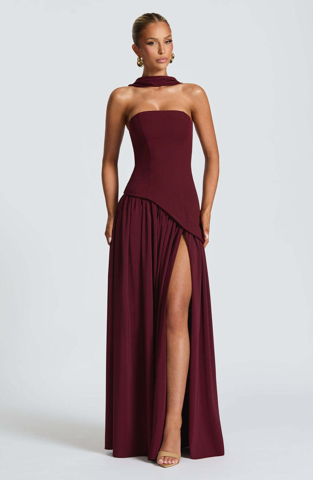 Cherry Lacquer Maliyah Maxi Dress with Chiffon Skirt & Scarf