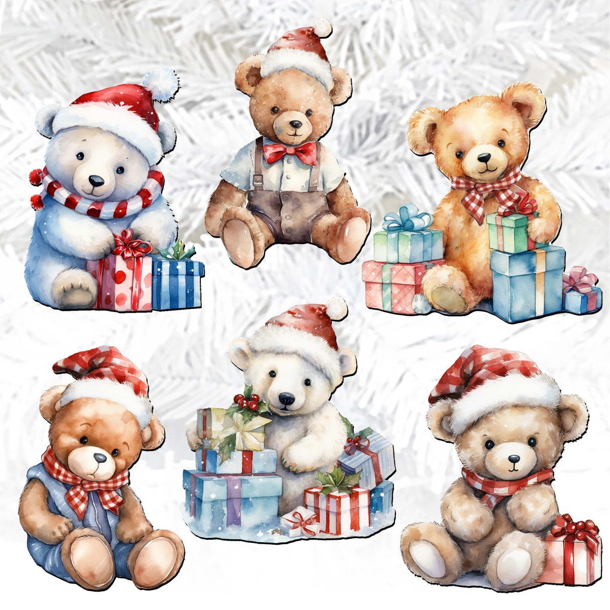 Christmas Teddy Bear Decorative Wooden Clip-on Ornaments of 6 by G. Debrekht - Christmas Decor - 8090011C-S6