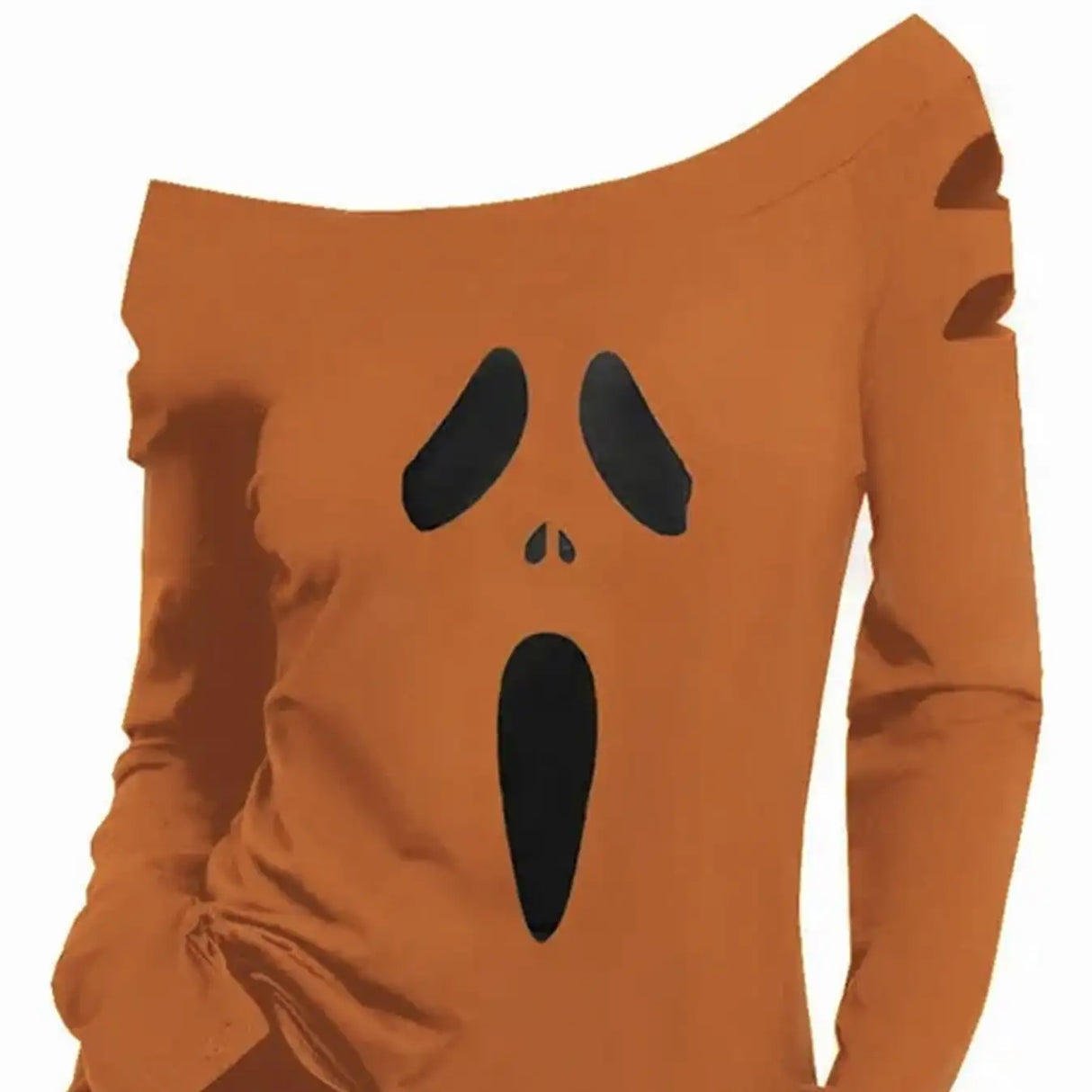 Ladies' Halloween Pumpkin Printed Diagonal Collar Hollow Long Sleeve Gothic T-shirt - Lootquake