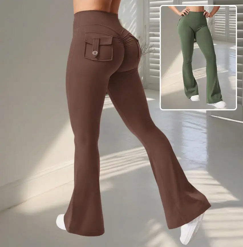 Yoga Fitness Flared Pants With Pockets Ins Fashion Slim High Waist Sports Trousers Scrunch Butt Booty Workout Lifting Leggings - Lootquake