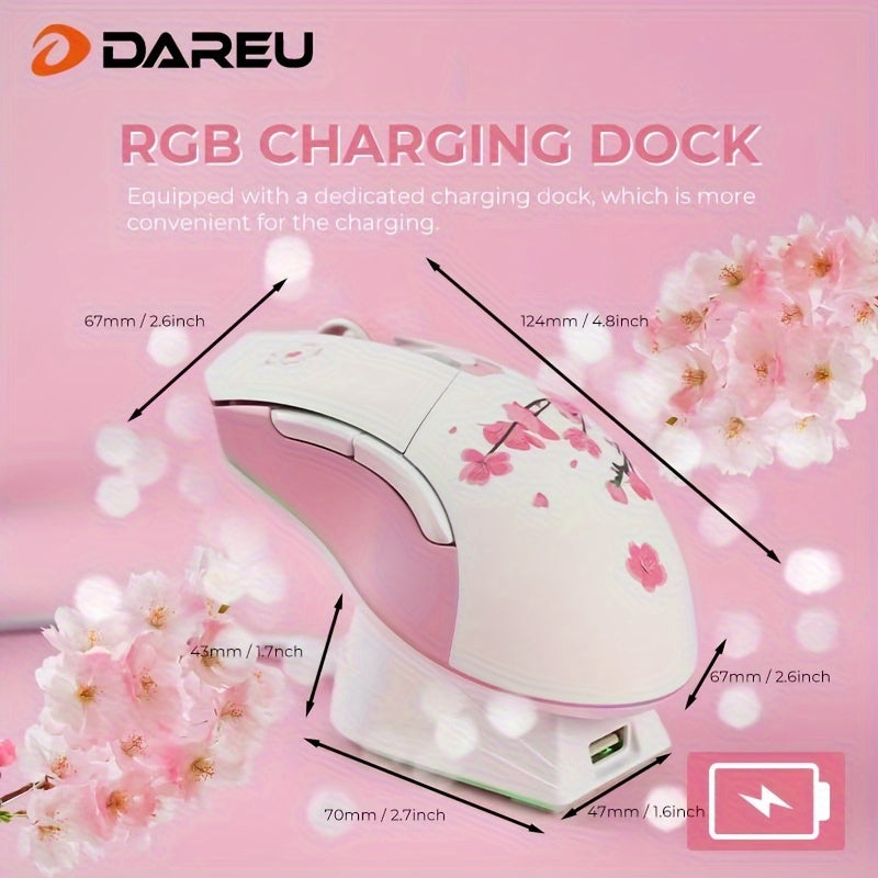 DAREU Sakura Pink Wireless Gaming Mouse - 12K DPI, RGB Rechargeable, 7 Programmable Buttons, Charging Dock Stand, Dual Mode for PC/Laptop/Mac - The Perfect Gift for Birthdays, Valentines, Halloween, Easter, and Girlfriends