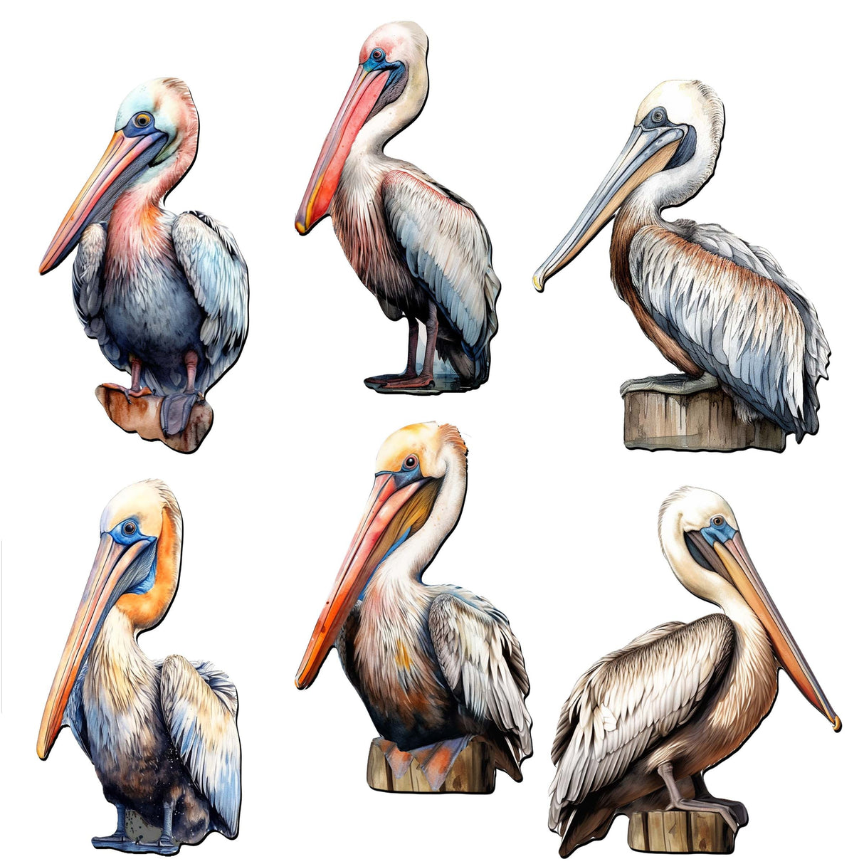 Pelicans Decorative Wooden Magnets Set of 6 by G. Debrekht - Coastal Decor - 8090014G-S6